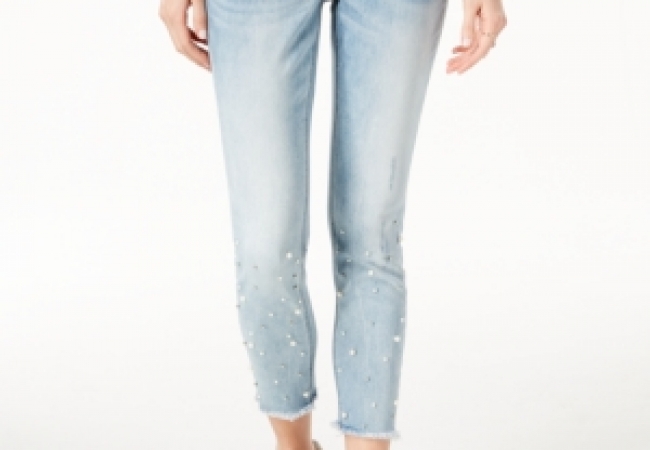Blue Desire Juniors' Cropped Faux-Pearl Skinny Jeans
