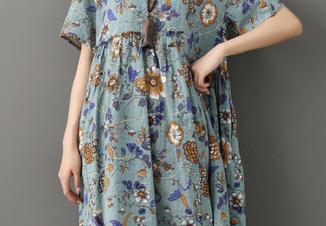 Linen Crew Neck Casual Printed Plus Size Floral Dress