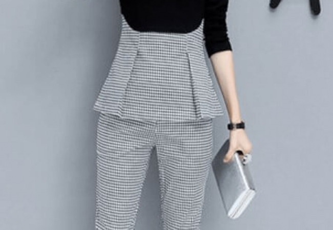 Two Piece Black Folds Long Sleeve Gingham Women's Sets